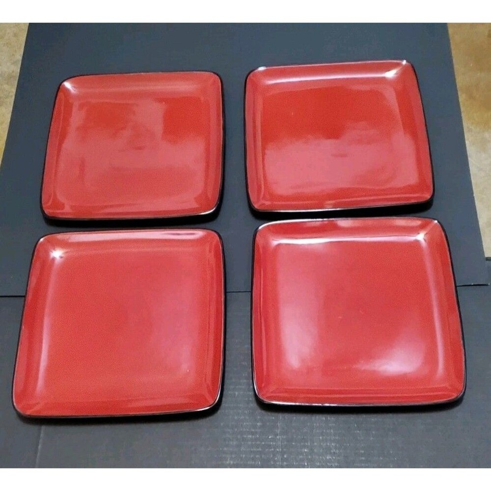 Home Trends Plates Rave Red & Black Dinner 10 3/4" Square Asian Inspired 4pc Set